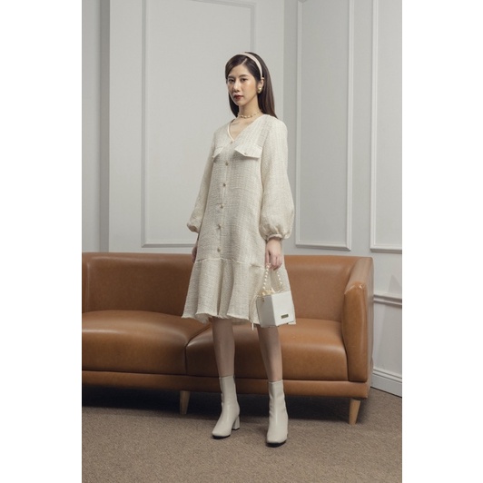 Đầm dạ tweed đuôi cá đính ngọc, dáng suông rộng bầu bí mặc thoái mái xinh | BigBuy360 - bigbuy360.vn
