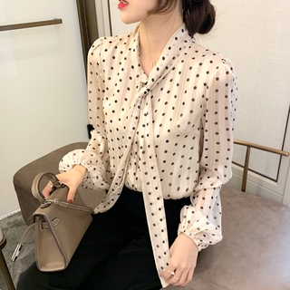 Áo Sơ Mi Voan Chấm Bi Đính Nơ Thời Trang Nữ Tính