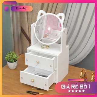 Bàn Trang Điểm Mini 2 Tầng Có Gương Mèo Hello Kitty Bằng Gỗ Nhựa Để Phòng Ngủ - Màu Trắng Nhỏ Gọn Đựng Mỹ Phẩm -ALZSO