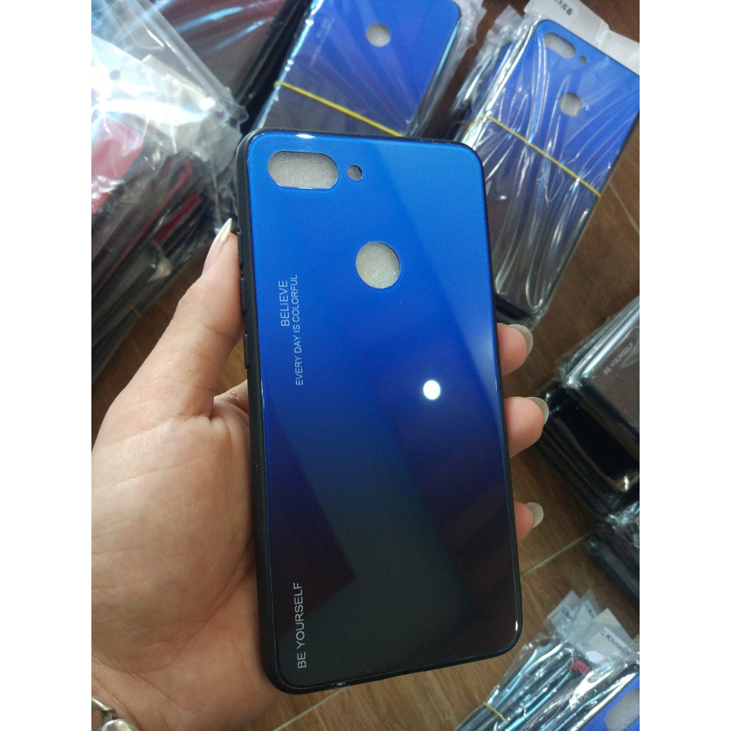 Ốp lưng mặt kính cường lực xiaomi mi 8 lite hiệu ứng raibown 7 màu