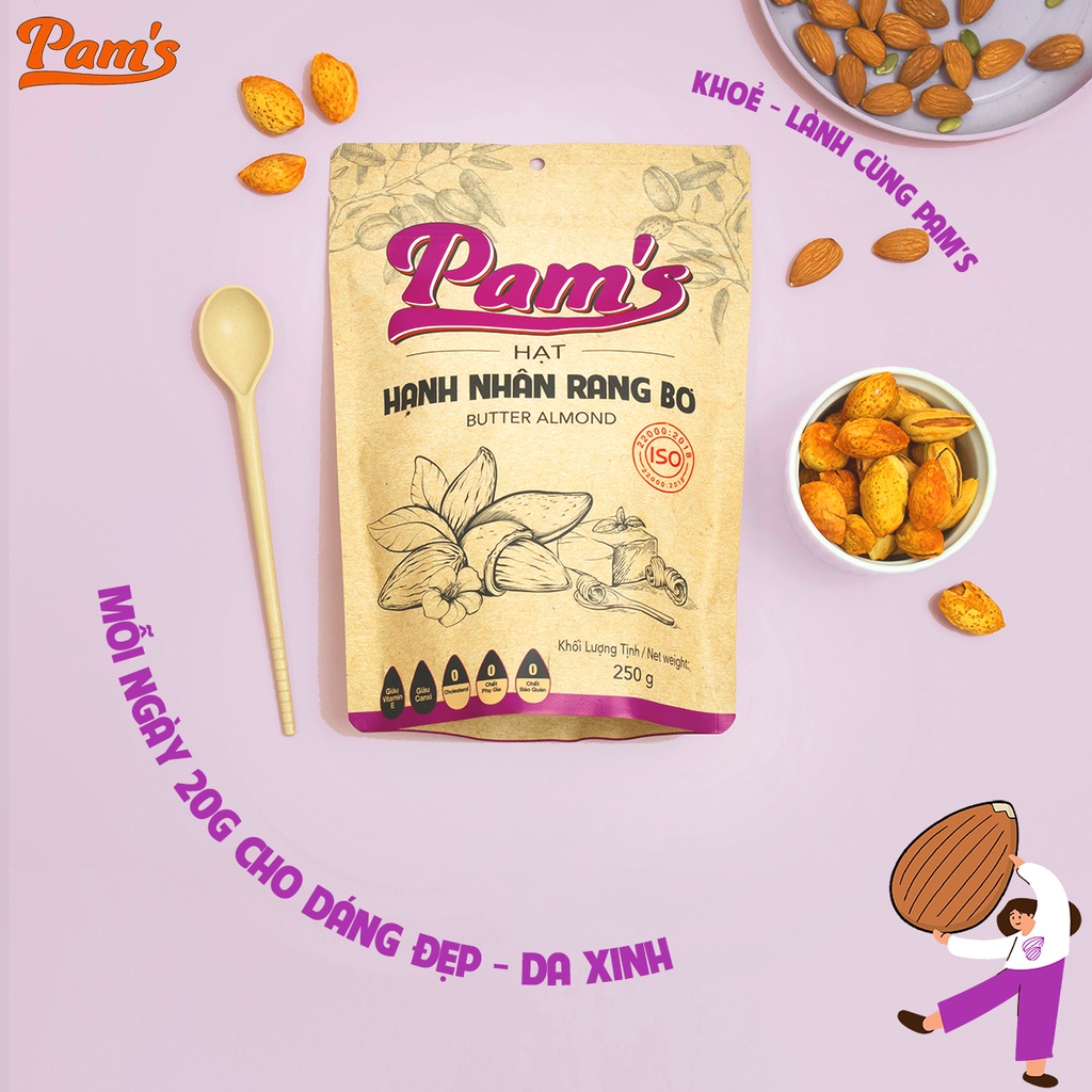 Hạnh Nhân Rang Bơ Pams (250g) - Hạt Nhập Khẩu Mỹ Rang Bơ Không Cholesterol, Dùng Ăn Khiêng