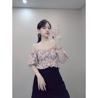 Áo trễ vai dáng áo croptop Peach bra hoa nhí dáng tiểu thư đáng yêu