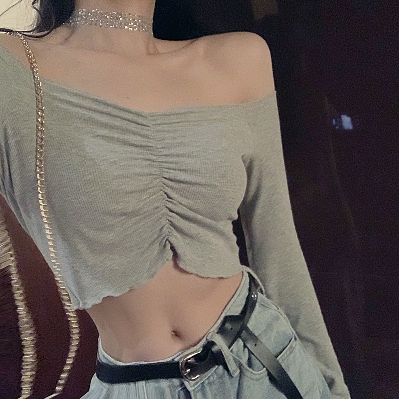 Áo croptop tay dài hở bụng sexy gợi cảm hạ vai hở vai bẹt ôm body tôn dáng ulzzang ( 4 màu )