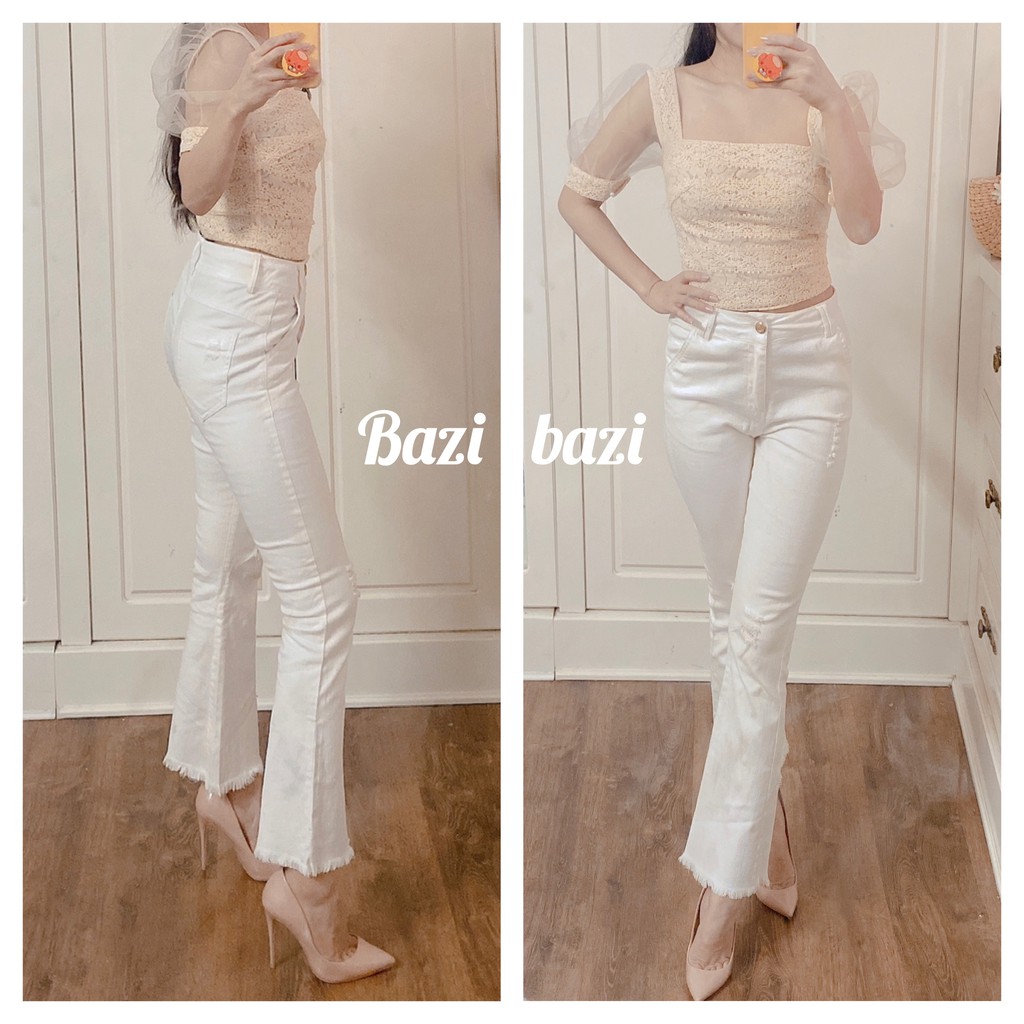 Quần jean trắng ống loe xước gối hàng cao cấp [ Ảnh và clip tự quay của Bazi, siêu rẻ, ib nhân clip quay sản phẩm ]