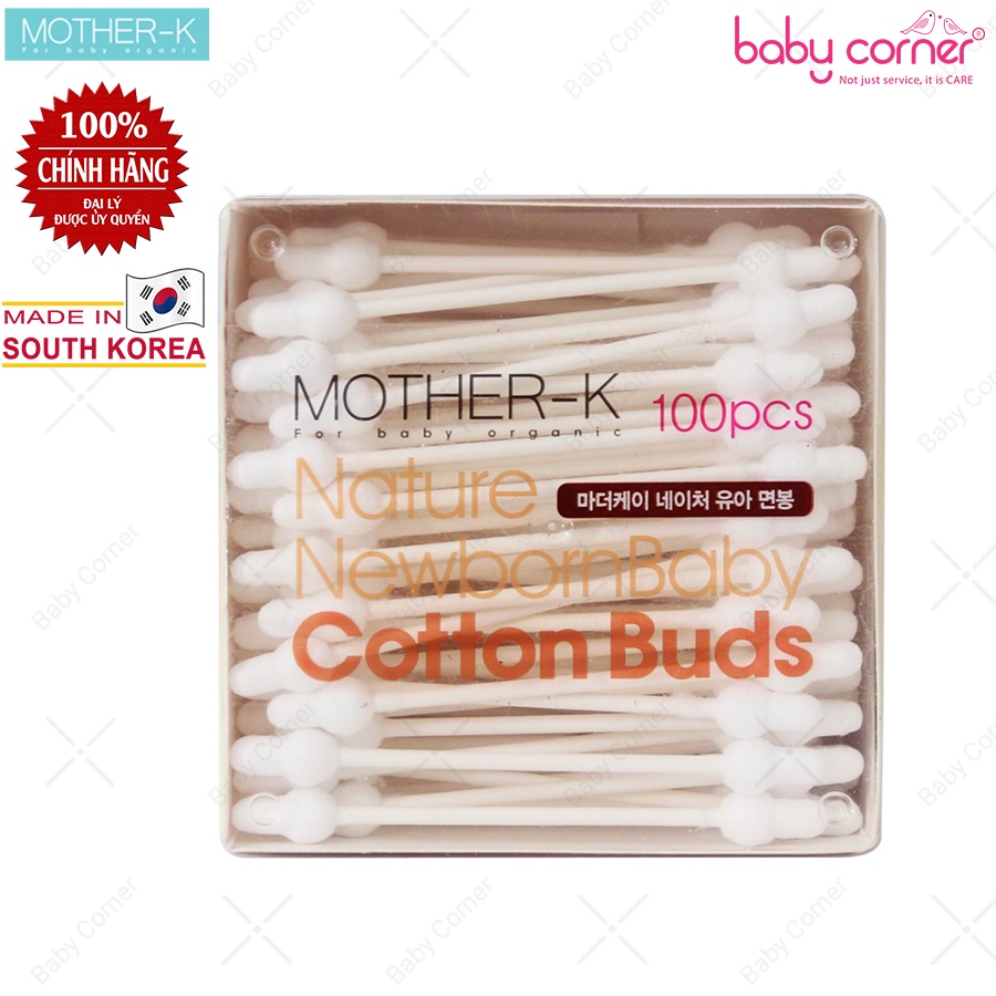 Hộp 100 Cây Tăm Bông Sơ Sinh Đầu To Mother-K Hàn Quốc Vệ Sinh Rốn, Vành Tai Cho Bé
