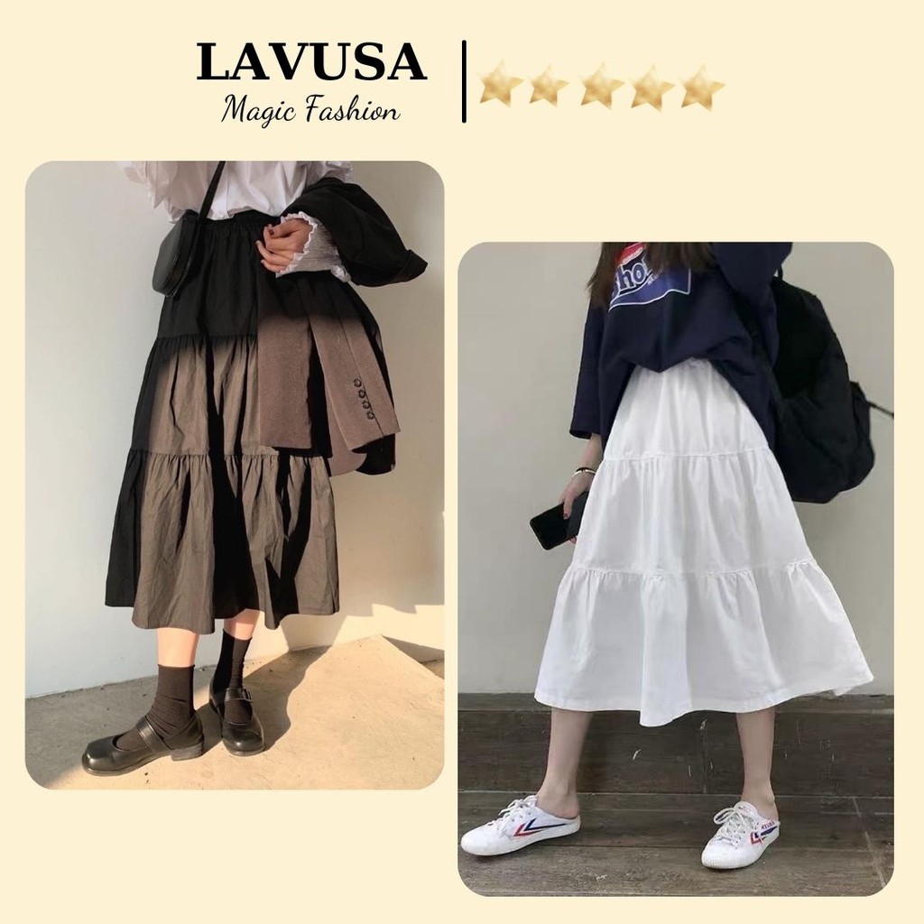 Chân váy dài qua gối chất đẹp nhất ngành - chân váy midi 3 tầng chất voan mềm đẹp Lavusa - CV10