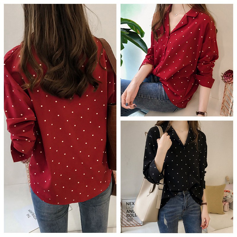 [Baywellfashion]Áo nữ chiffon tay dài hoạ tiết chấm bi | BigBuy360 - bigbuy360.vn