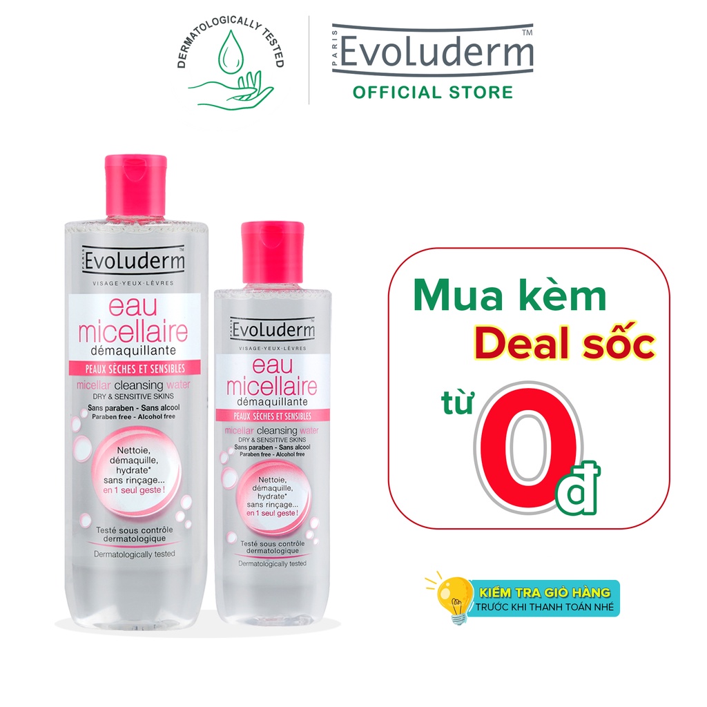 Bộ 2 nước tẩy trang Evoluderm dành cho da khô và nhạy cảm 250ml-500ml