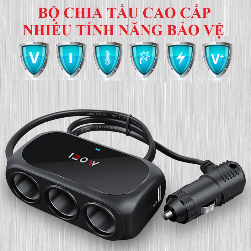 Bộ Chia Tẩu Thuốc 3 Cổng + 2 USB Cao Cấp WT - D23