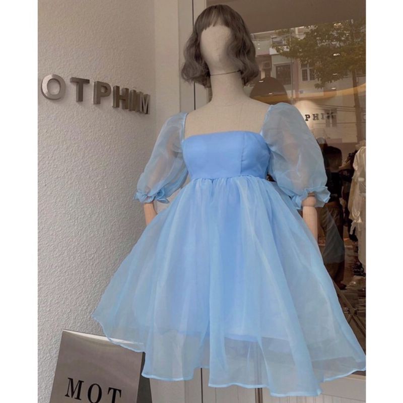 Đầm Xoè Babydoll Tay Phồng Chất Voan Kính