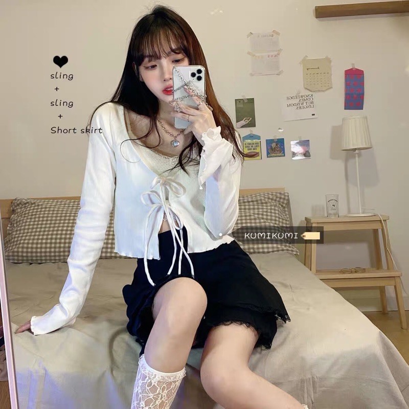 [ORDER TAOBAO/ẢNH THẬT HAI HÌNH CUỐI] Set áo cardigan buộc dây croptop, chân váy xoè, áo hai dây phong cách Ulzzang