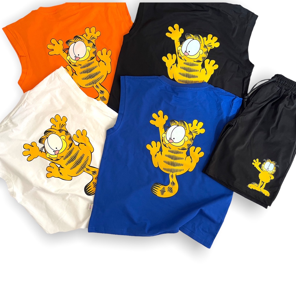 Đồ bộ bé trai Con Xinh cotton sát nách hình in mèo Masupilami,thời trang mùa hè dành cho trẻ em từ 4 đến 10 tuổi