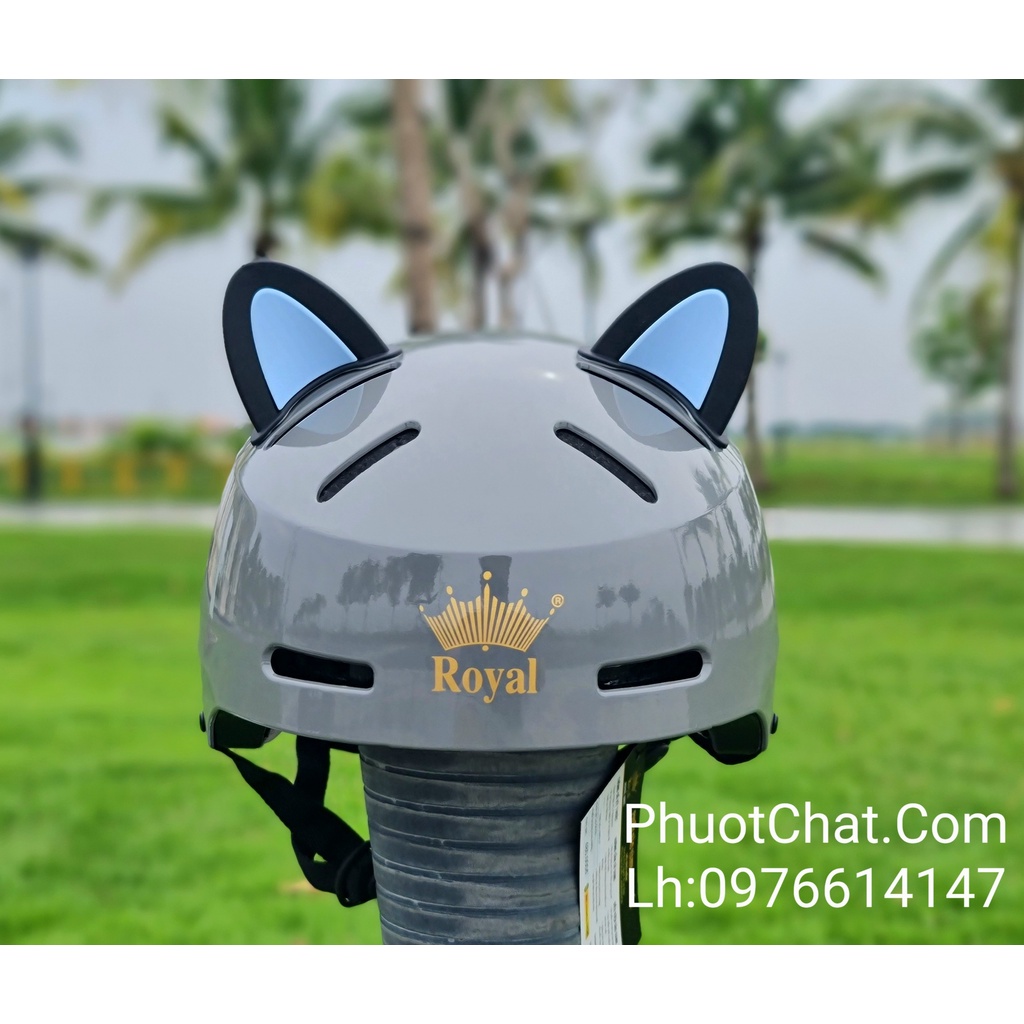 Combo Nón bảo hiểm Royal MD17 màu xám gắn tai mèo Đen - xanh
