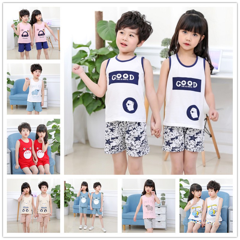 Bộ Áo Ba Lỗ + Quần Short Cotton In Họa Tiết Hoạt Hình Dễ Thương Thời Trang Mùa Hè Cho Bé 90-140cm