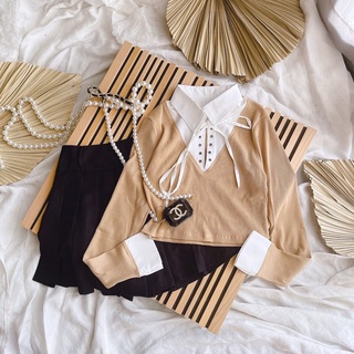 Set váy áo cổ sơ mi đan dây
