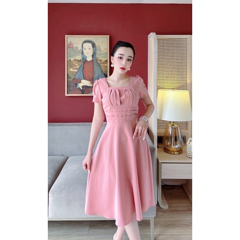 Váy công sở cổ vuông nhún ngực dáng xoè, chất xốp( ảnh thật shop tự chụp)