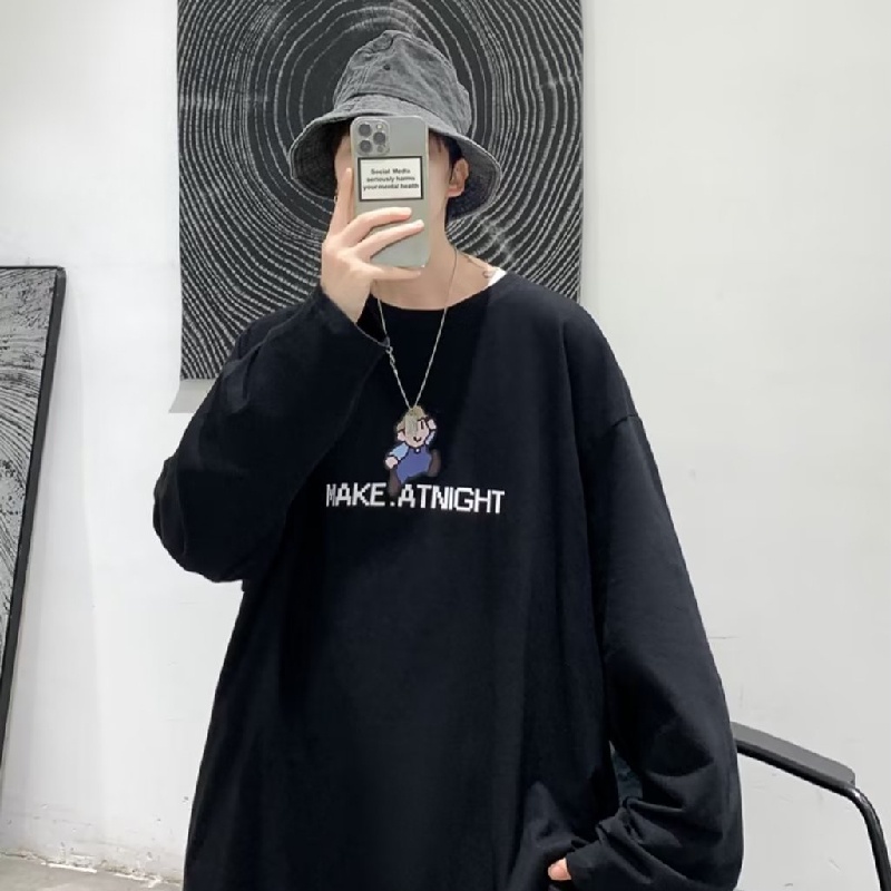 Áo Thun Tay Dài Cổ Tròn Dáng Rộng In Họa Tiết Hoạt Hình Phong Cách Hip Hop Hàn Quốc Thời Trang Cho Nam M-5XL