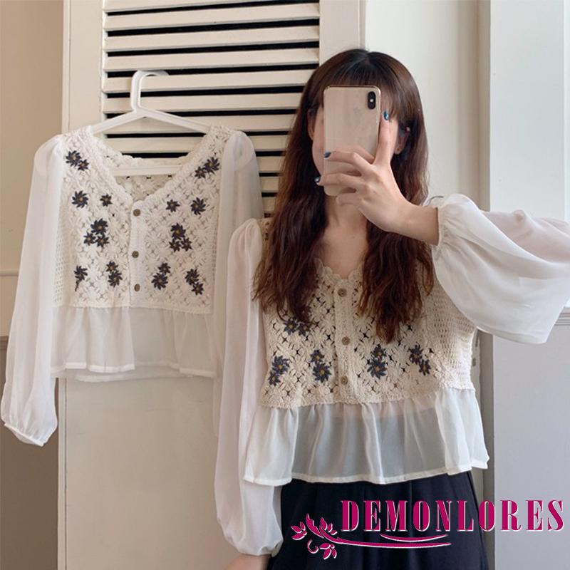 Áo Sơ Mi Chiffon Tay Dài Cổ Chữ V Thêu Hoa Thời Trang Mùa Thu Cho Nữ