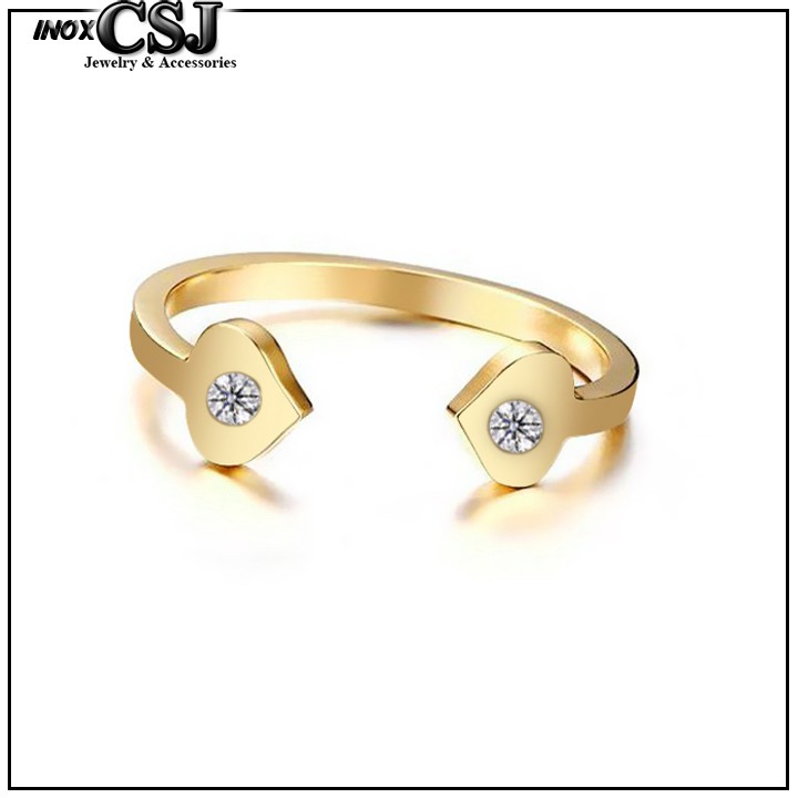 nhẫn titan cao cấp free size màu vàng tươi hình 2 trái tim đính xoàn siêu cute - tặng hộp đựng xinh xắn