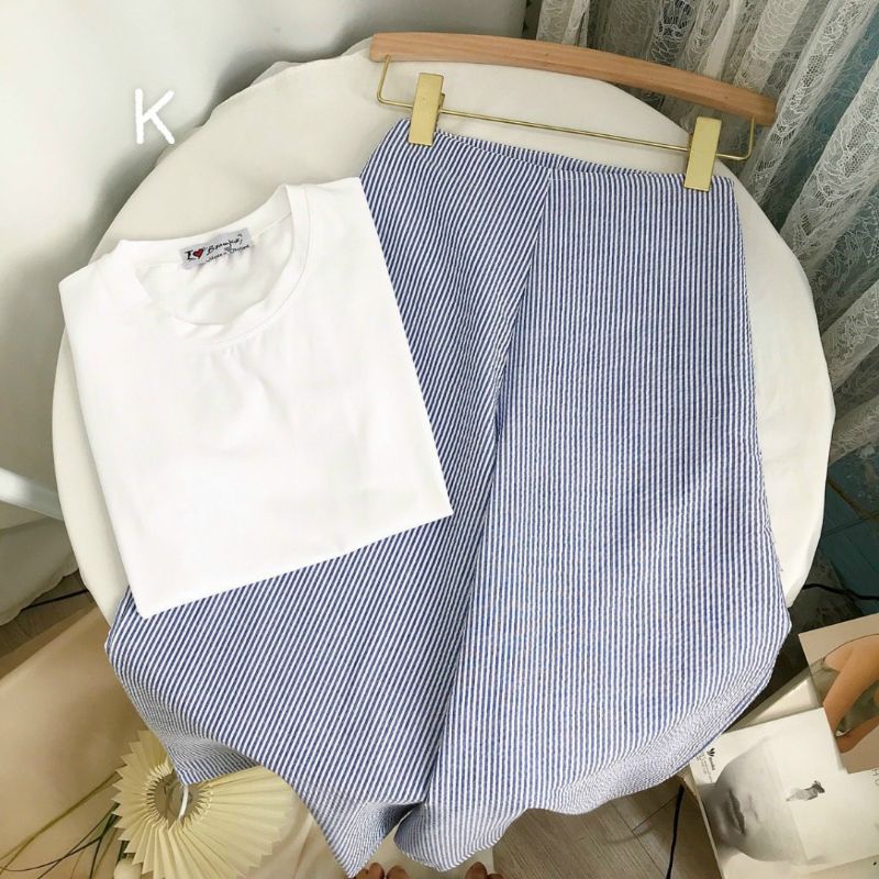 set áo thun trắng + quần culottes sọc