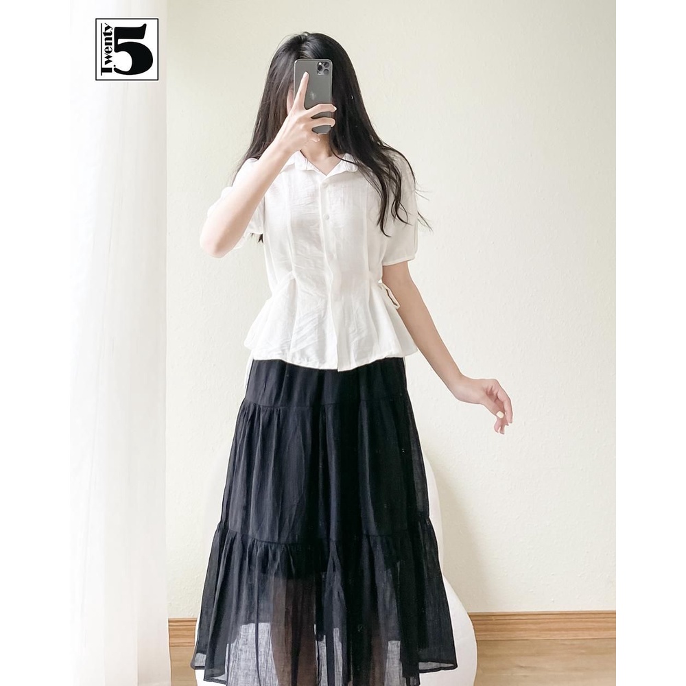 Áo kiểu sơ mi công sở nữ tay bồng dây thắt nơ 2 bên eo Twentyfive TA2