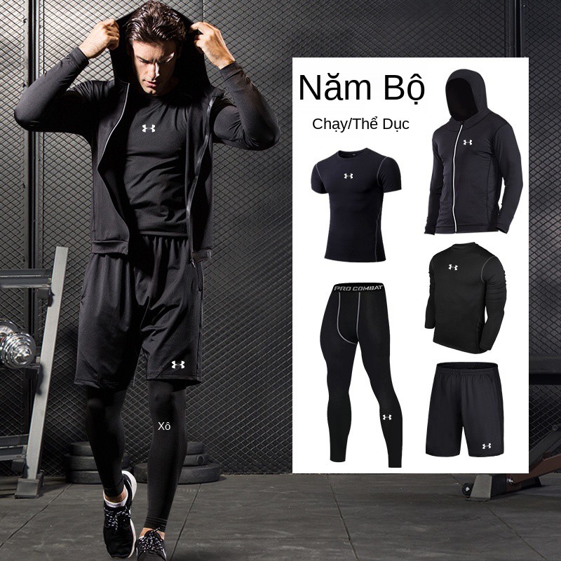 Năm bộ quần áo thể dục thể thao chạy bộ Bộ ba áo ôm sát nam lớn quần dài và quần đùi ngắn tay