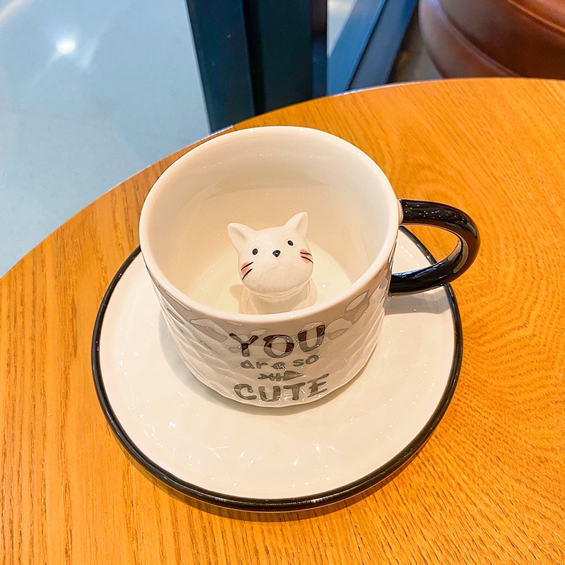 Cốc Sứ Uống Nước Dập Nổi Họa Tiết Mèo Hoạt Hình Dễ Thương Tiện Dụng Cho Gia Đình