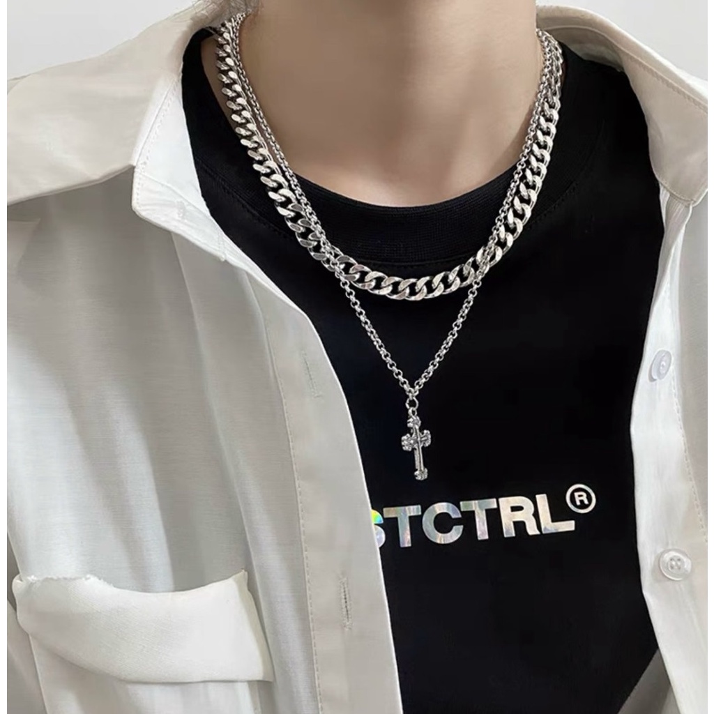 Vòng cổ nam nữ titan màu bạc Loki độc đáo cá tính 2 tầng xích trơn và dây chuyền HOT chữ thập - VC Đôi Carmen