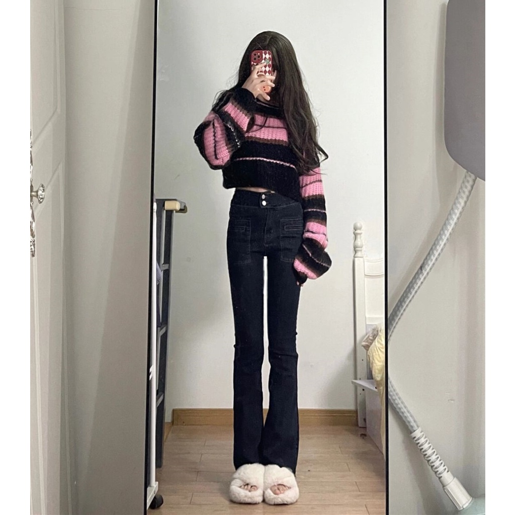 NUZIRO  Áo croptop  tay dài cổ tròn kẻ sọc đen trắng phong cách Hàn Quốc cho nữ