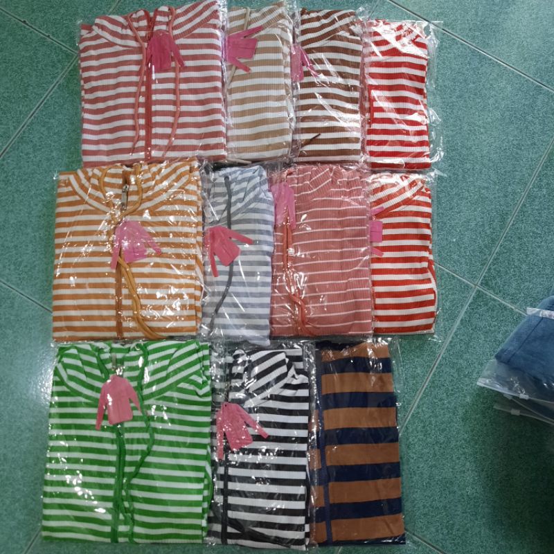 [43-53kg] Áo Khoác Thun Gân Nhỏ Sọc 2 Màu, Vải Dày Vừa Phải. Áo Khoác Sọc Màu Có 6 Túi