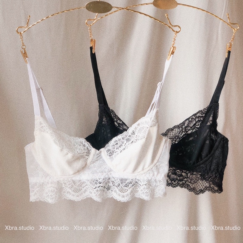 Bộ đồ lót ren phối lưới, áo lót có gọng không mút dáng dài