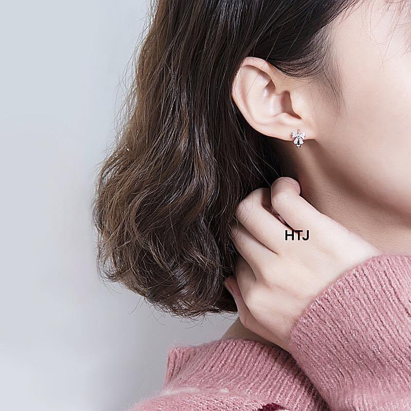 Bông tai nữ bạc thật hình nơ đính đá chốt bấm cực xinh LINH MIU SILVER