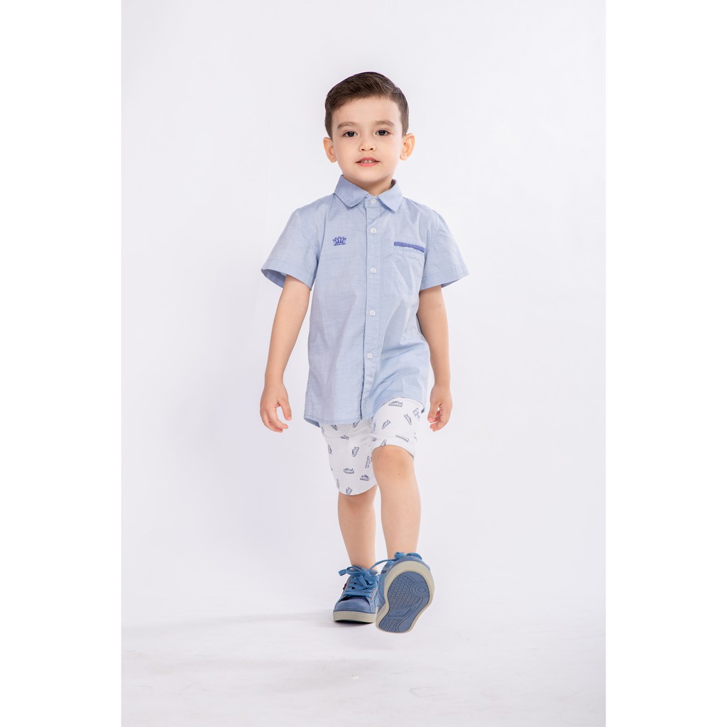 Áo sơ mi bé trai màu trắng/xanh/hồng Crown Kids Fashion T-Shirt CKBSGC2280801 cho bé 3-14 tuổi size 4-10