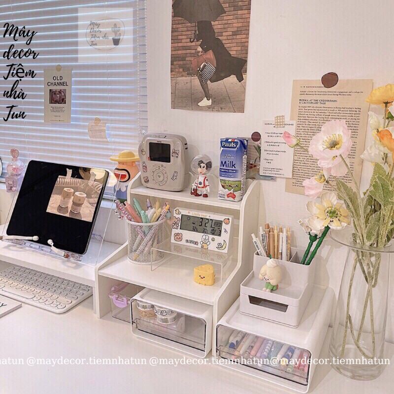 Kệ gỗ mini để bàn lưu trữ trưng bày tiện lợi, màu trắng trang nhã phong cách Hàn Quốc