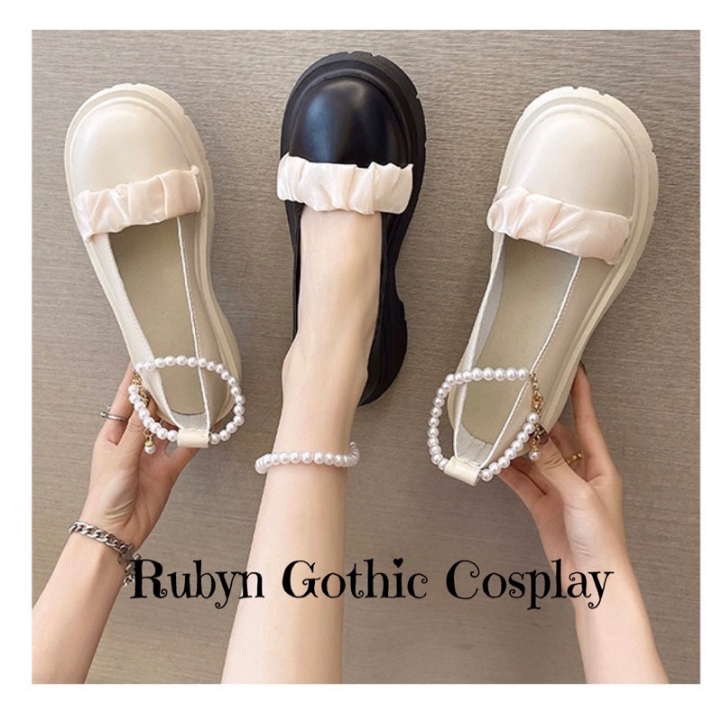 [Sẵn]✨Giày Lolita Tiểu Thư Phối Vải Quai Hạt ( Trắng, Đen ) Size 35 - 40 LO588