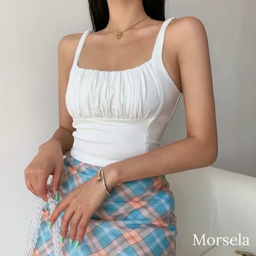 Áo 2 dây cổ U nhún ly ngực croptop , áo thun chất cotton co giãn tôn dáng Morsela