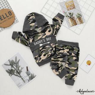 Bộ Áo Tay Dài Có Túi Giữ Ấm 2 Tay Và Nón Hoodie Kẻ Sọc+Quần Dài Vải Thun Họa Tiết Camo Cho Các Bé Nhỏ Sơ Sinh