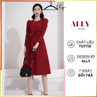 Váy dự tiệc dài tay ALLY thiết kế nơ eo sang trọng nổi bật màu đỏ đô