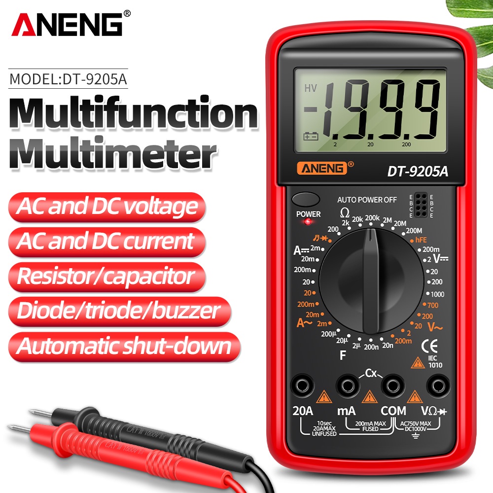 Đồng hồ vạn năng kỹ thuật số ANENG DT9205A - Máy kiểm tra Transistor AC / DC có phạm vi tự động và c