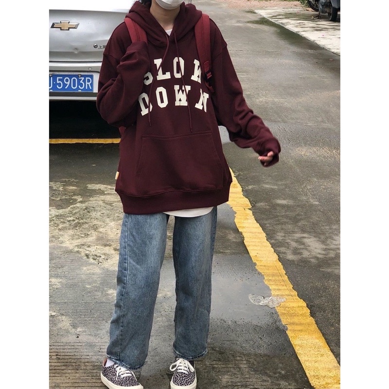 Áo Hoodie Slow Màu Đỏ Mận Siêu Hot, Áo Mũ 2 Lớp Form Rộng In Chữ Trẻ Trung Màu Sắc Nổi Bật