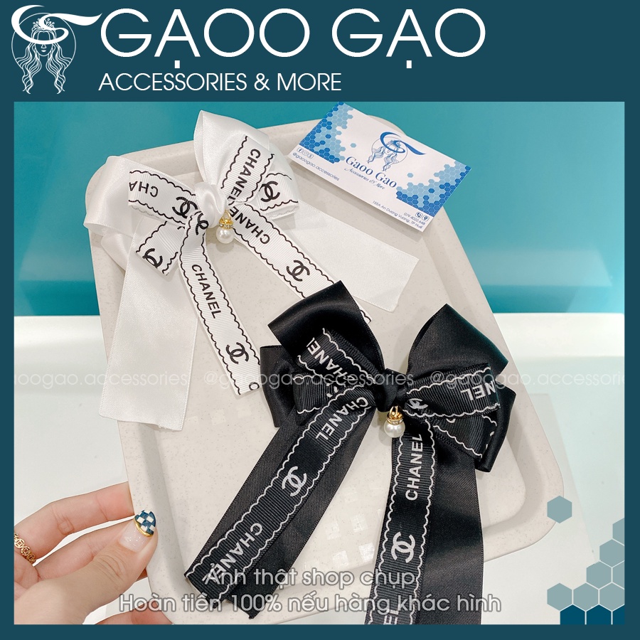 Kẹp nơ sau 𝑪𝒉𝒂𝒏𝒆𝒍 chữ, nơ kẹp tóc ruy băng có đính ngọc [gaoogao.accessories]