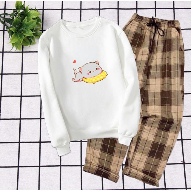 Sét Bộ Đồ Nữ Xinh Cute Đẹp Giá Rẻ, Áo Da Cá Dài Tay In 3D Mèo Nằm Gối Tim Kèm Quần Thô &amp; Jogger Kaki