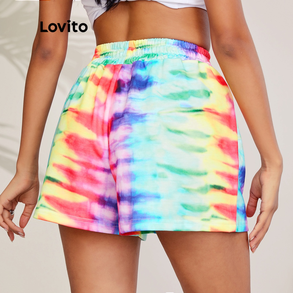 Quần short Lovito phong cách thường ngày nhuộm màu loang eo cao L27LD034 (màu xanh lam nhạt)