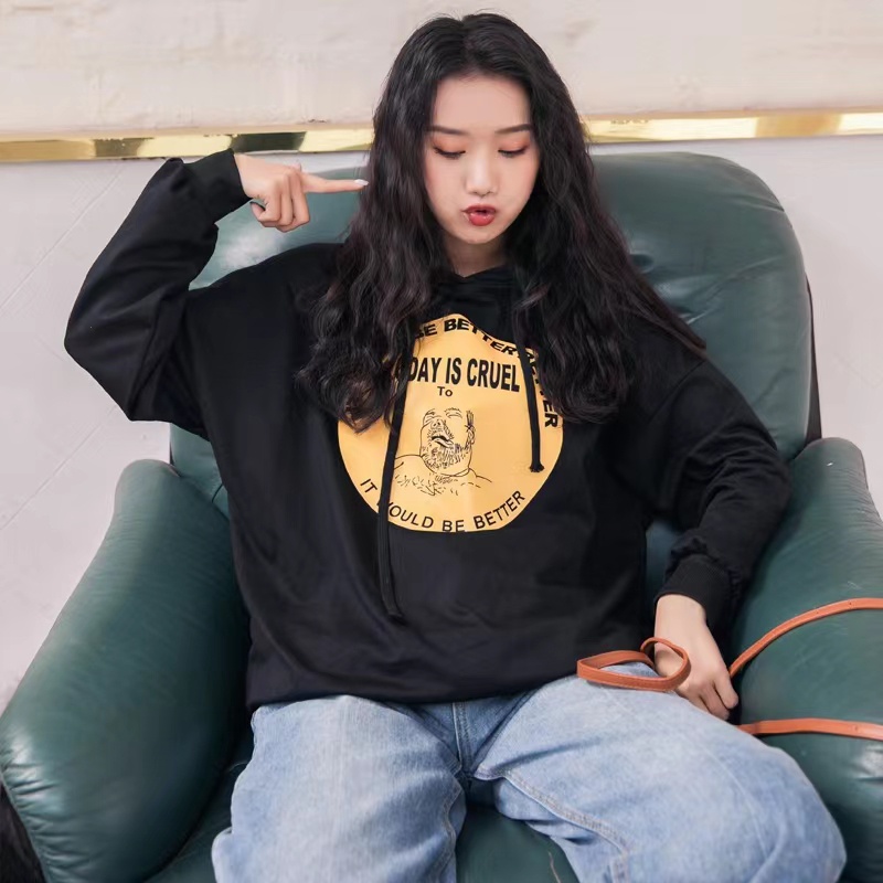 Áo Hoodie Tay Dài Dáng Rộng In Hình Đĩa Phong Cách Preppy