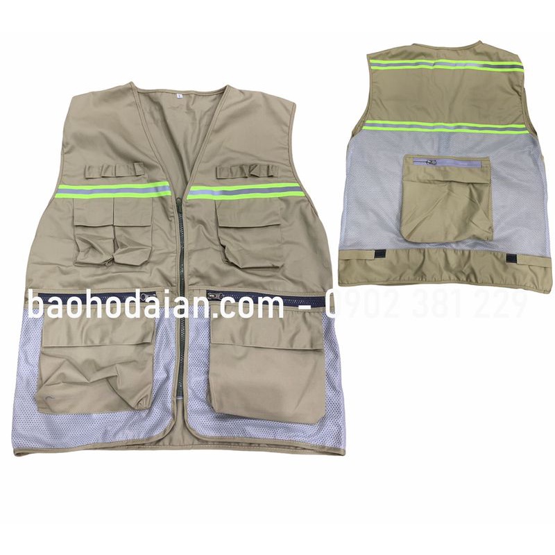 Áo phản quang ghi lê 8 túi hộp màu nâu - hình thật