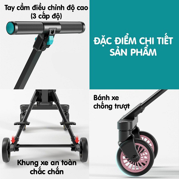 Xe đẩy đảo chiều gấp gọn Kinlee có mái che, đệm màu đen (bản nâng cấp)