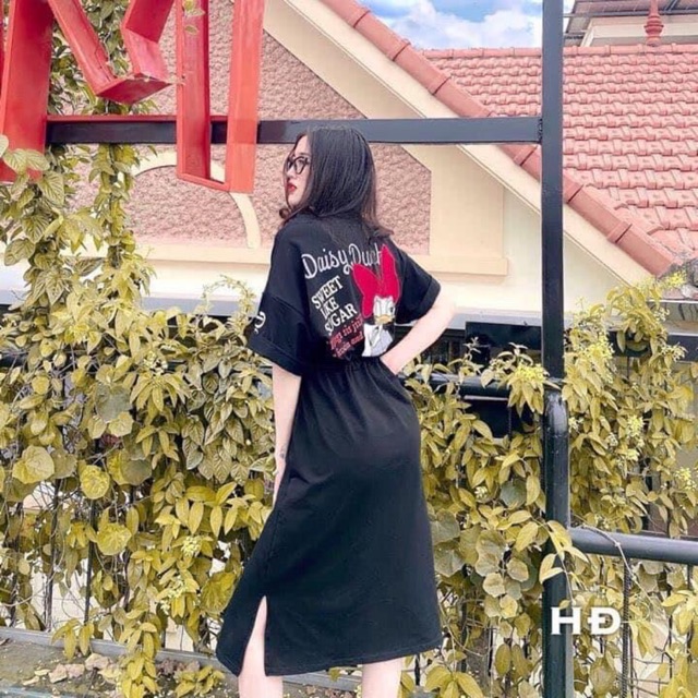 Đầm dáng suông -Váy suông có dây thắt eo in hình chú"VỊT" dáng dài