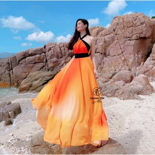 Đầm maxi đi biển loang màu cổ yếm cam viền đen xẻ tà Edena dress HOANGYEN