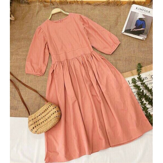 Đầm tiểu thư babydoll tay phồng màu hồng, đầm hồng basic cổ tròn dáng dài qua gối ulzzang phong cách hàn quốc