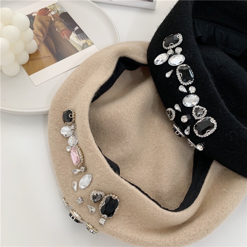 Mũ Beret Len Đính Đá Thời Trang Thu Đông Phong Cách Vintage Mới 2022